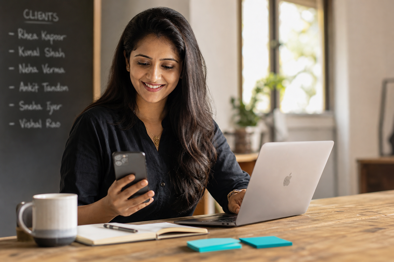 Professional managing client contacts on laptop