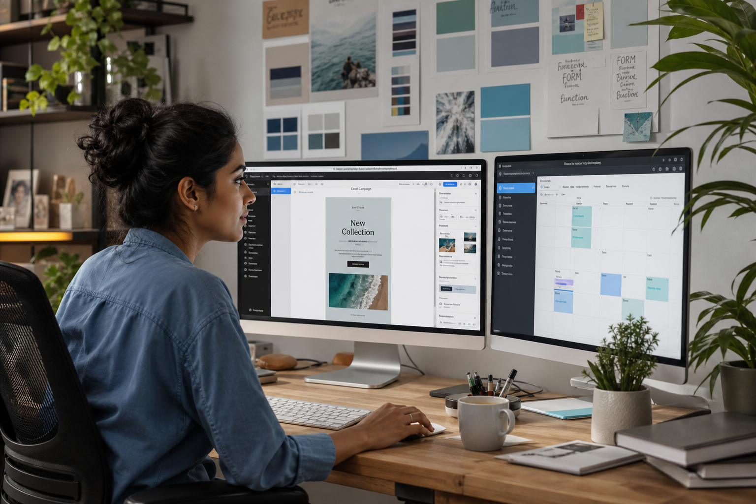 Marketer building an email campaign at a creative desk