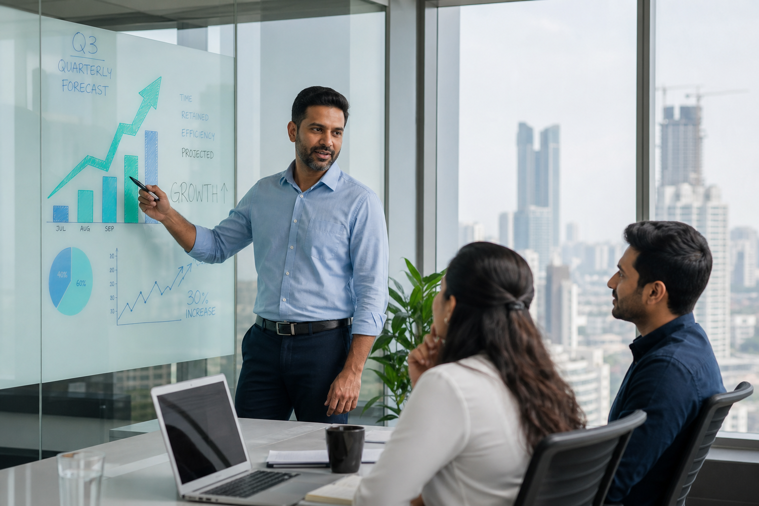 Sales team reviewing forecast in a modern office