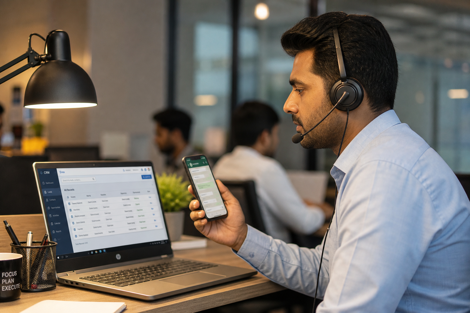 Sales executive working WhatsApp and CRM together